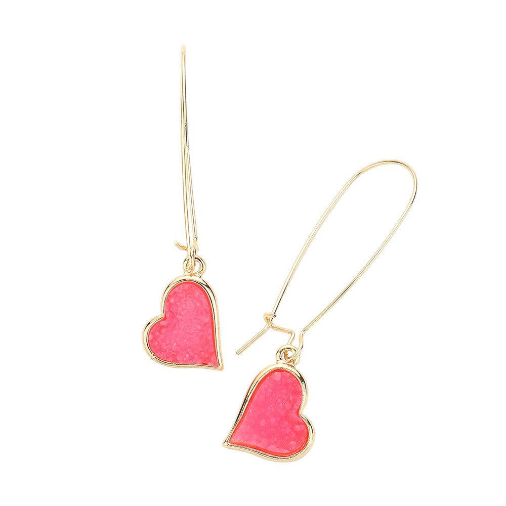 Pink Druzy Heart Dangle Earrings, Enhance your look with these stunning earrings. The unique druzy hearts add a touch of elegance and sparkle to any outfit. Crafted with high-quality materials, these earrings are perfect for any occasion. Elevate your style and make a statement with these must-have earrings.