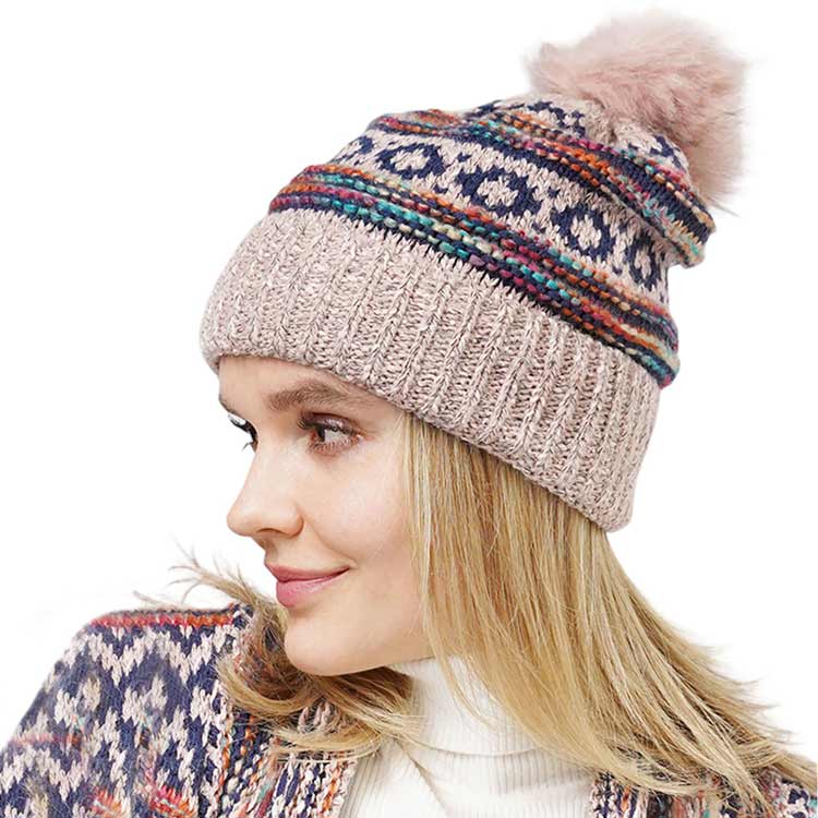 Pink Ethnic Patterned Knit Pom Pom Beanie Hat, wear this beautiful beanie hat with any ensemble for the perfect finish before running out the door into the cool air. An awesome winter gift accessory and the perfect gift item for Birthdays, Christmas, Stocking stuffers, Secret Santa, holidays, Valentine's Day, etc.