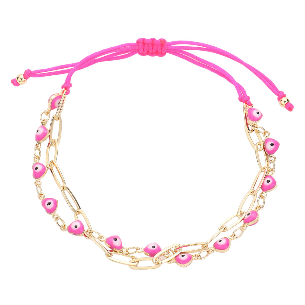 Pink Evil Eye Station Oval Metal Link Layered Adjustable Bracelet, adds a touch of protection and style. The metal link design offers durability, while the adjustable feature allows for a comfortable and customized fit. Expertly crafted with an eye motif, this bracelet combines fashion and function for the perfect accessory
