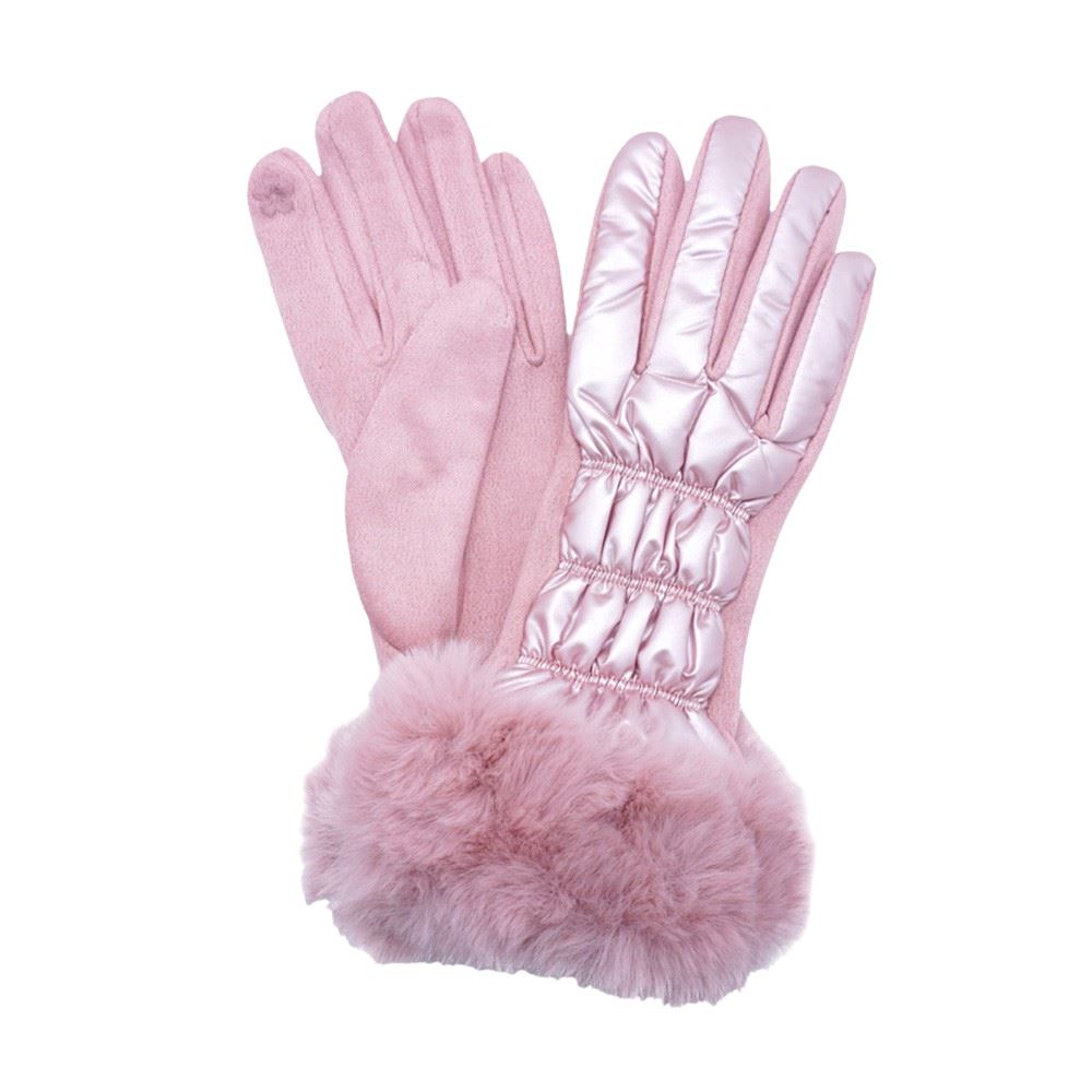 Pink Faux Fur Cuff Puffer Smart Touch Gloves, Experience warmth and functionality with our stylish smart touch gloves. The soft faux fur cuffs add a touch of luxury, while the puffer padding keeps your hands toasty. Stay stylish and connected this winter. Wrap your loved ones in warmth this winter with these stylish gloves.