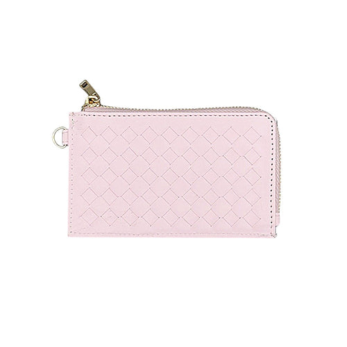 Faux Leather Basket Weave Flat Card Holder Wallet with Wristlet - Light Pink