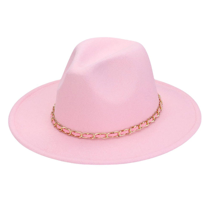 Pink-Faux Leather Braided Chain Band Pointed Fedora Hat offers a sleek and stylish accessory for any outfit. Made with high quality materials, the faux leather and braided chain band add a touch of sophistication to the classic pointed fedora shape. Upgrade your look with this trendy and durable hat.
