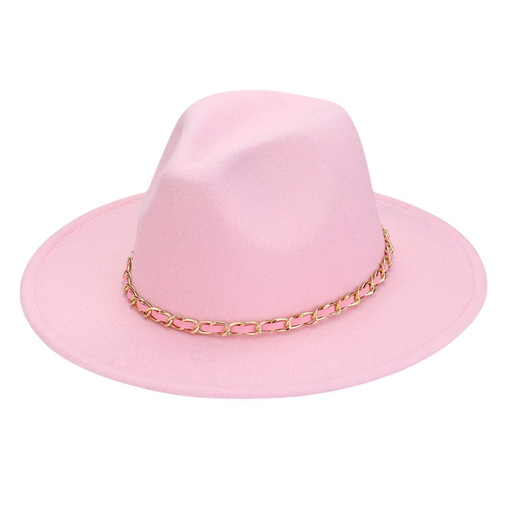 Fuchsia-Faux Leather Braided Chain Band Pointed Fedora Hat offers a sleek and stylish accessory for any outfit. Made with high quality materials, the faux leather and braided chain band add a touch of sophistication to the classic pointed fedora shape. Upgrade your look with this trendy and durable hat.