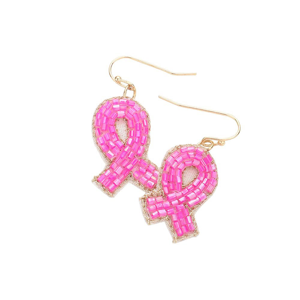 Pink Felt Back Beaded Pink Ribbon Dangle Earrings, are fun handcrafted jewelry that fits your lifestyle, adding a pop of pretty color. Enhance your attire with these vibrant artisanal earrings to show off your fun trendsetting style. Great gift idea for your Wife, Mom, your Loving one, or any flower lover or family member.