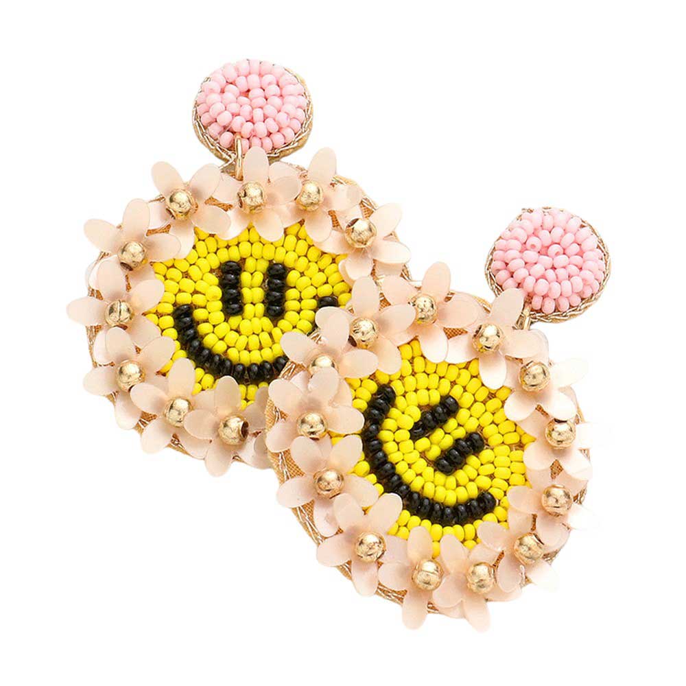 Pink Felt Back Floral Seed Beaded Smile Dangle Earrings add a unique touch to any outfit. Made with delicate seed beads, the floral design and charming smile dangles will surely make a statement. With a comfortable felt backing, these earrings are both stylish and comfortable to wear.