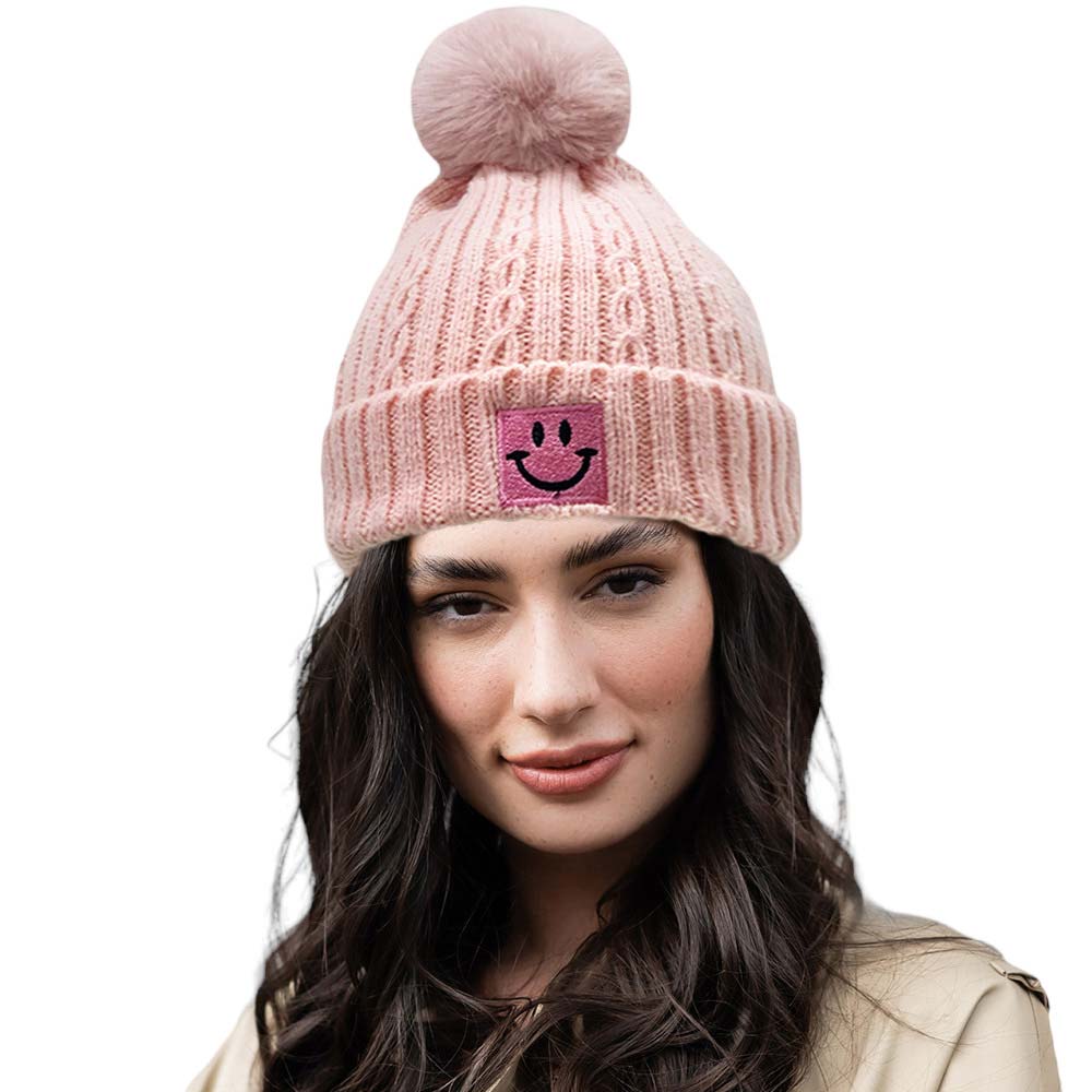 Pink Fleece Lining Smile Pointed Pom Pom Beanie Hat, Stay warm and stylish with this hat. Wear it on a cold winter day or as a fashion statement. Perfect for chilly winter days. Warming gift item for teenagers, fashion enthusiasts, co-workers, friends & family members, and yourself.