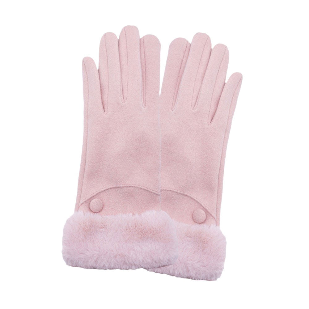 Pink-Fuzzy Fur Collar Faux Suede Smart Touch Gloves adds a touch of luxury and the faux suede material provides a soft and comfortable fit. With smart touch technology, you can easily use your touchscreen devices without having to take off your gloves. Perfect for cold weather and tech-savvy individuals. 