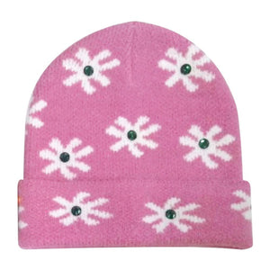 Pink Gem Flower Beanie Hat, Stay warm and fashionable with this. This knitted beanie features an intricate flower design with gems embedded in each petal, adding a glamorous sparkle to any outfit. The classic ribbed-knit construction ensures a snug fit for the perfect cold-weather accessory.