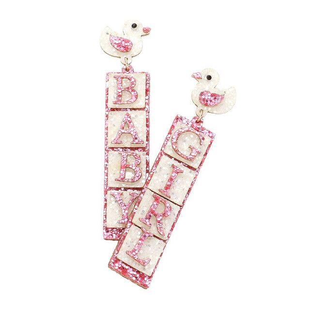 Pink Glittered Chick Baby Girl Message Dangle Earrings, are perfect for any little girl's jewelry collection. Crafted with intricate detail, they feature three beautifully glittered chicks surrounded by a heart and a message of ‚ÄúLove‚Äù. An ideal gift for a special girl in your life.