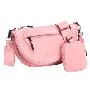 Pink Glossy Puffer Half Moon Crossbody Bag, the lightweight, stylish design features a durable water-resistant nylon that is perfect for outdoor activities. The adjustable shoulder strap makes it easy to sling across your body for hands-free convenience. Carry your essentials in style and comfort with this fashionable bag.