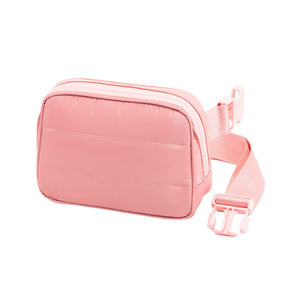 Pink Glossy Puffer Rectangle Sling Bag Fanny Bag Belt Bag, this stylish is bag made from durable material to ensure maximum protection and comfort. It features a fashionable design with adjustable straps, and secure buckle closure ensuring your valuables are safe and secure. The perfect for any occasion, shopping, etc.