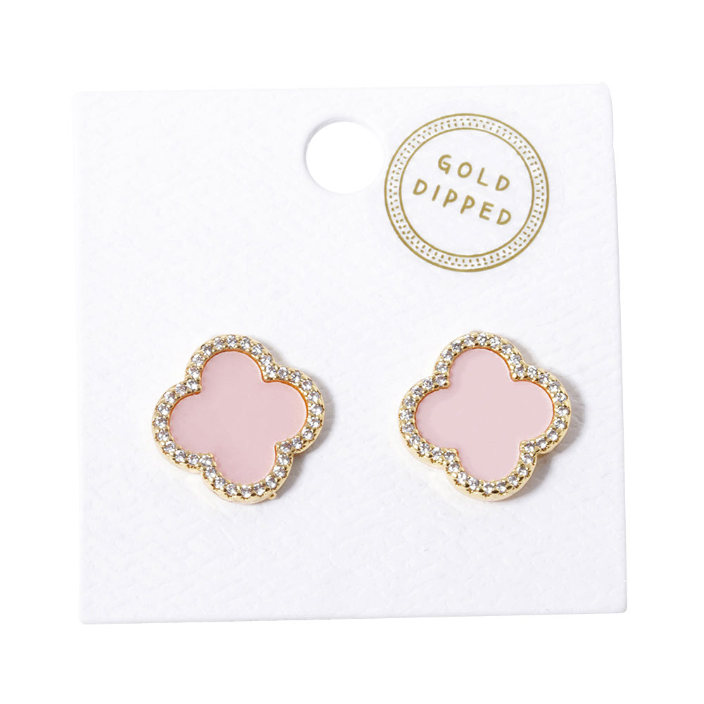 Pink Gold Dipped Quatrefoil Stud Earrings, feature a quatrefoil pattern, crafted from gold-dipped lead & nickel compliant and secured with post backings. Showcase your refined style with these versatile earrings and dress up any outfit for any occasion. Nice and cute gift for your family members, friends, or loved ones.