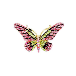 Pink Green Crystal Pave Butterfly Stretch Ring, Indulge in luxury with this exquisite piece that features a delicate butterfly design adorned with sparkling crystals, adding a touch of glamour to any outfit. The elastic stretch band ensures a perfect fit for all sizes. Elevate your style with this sophisticated accessory.
