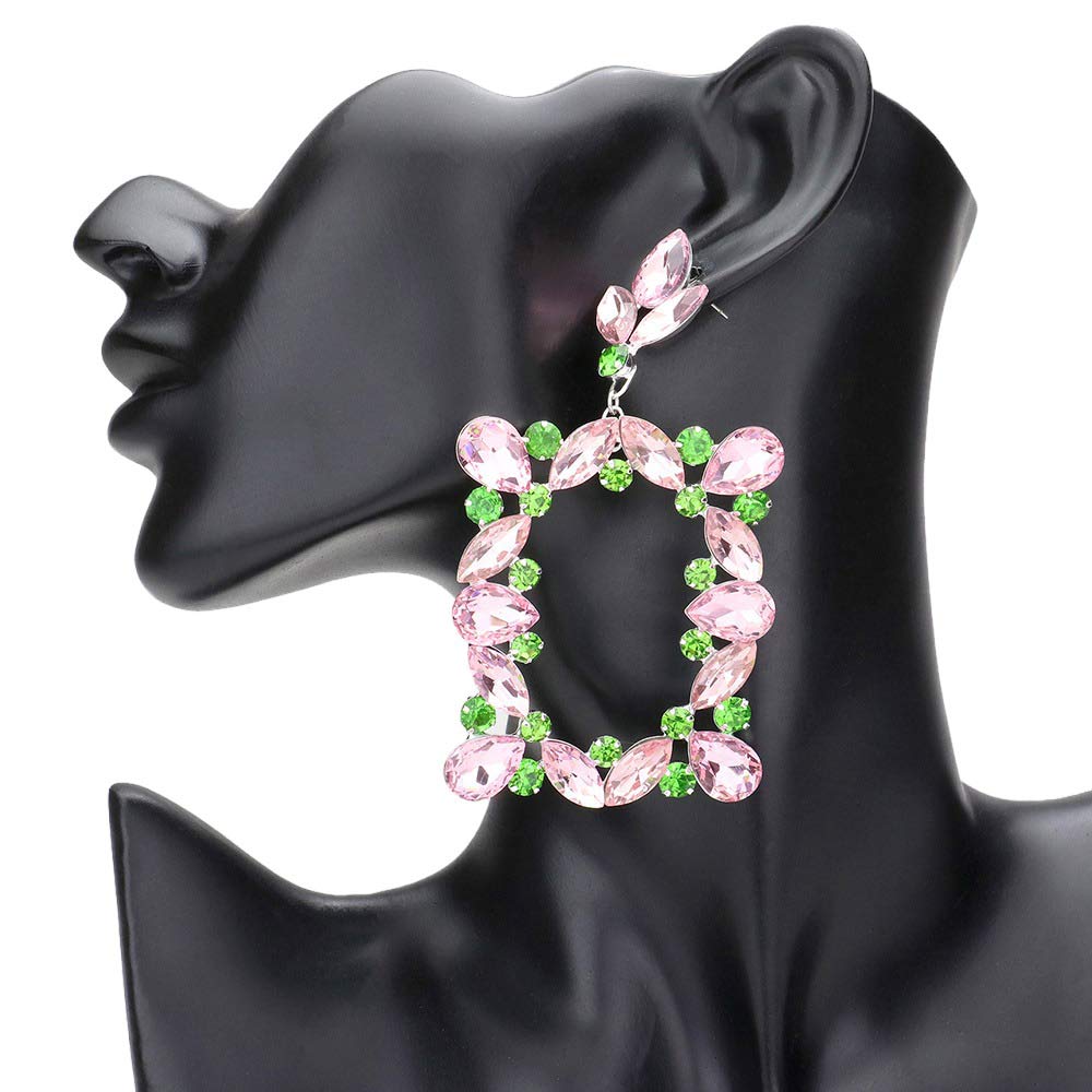 Pink Green Marquise Round Stone Cluster Open Rectangle Dangle Evening Earrings, Elevate any evening look with stunning earrings. Combining timeless elegance with modern style, these earrings feature a cluster of marquise stones set in an open rectangle design for maximum sparkle. Add a special touch to your wardrobe with these.