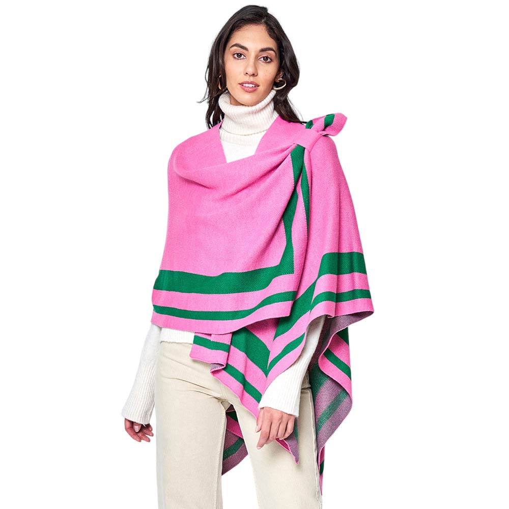 Pink Green Striped Shoulder Strap Ruana Poncho, boasts a striking look and a unique blend of materials that make it both stylish and comfortable. Sophisticated stripes are complemented by a luxurious velvety texture, offering an eye-catching look that makes a statement wherever you go. Excellent gift choice for the winter.