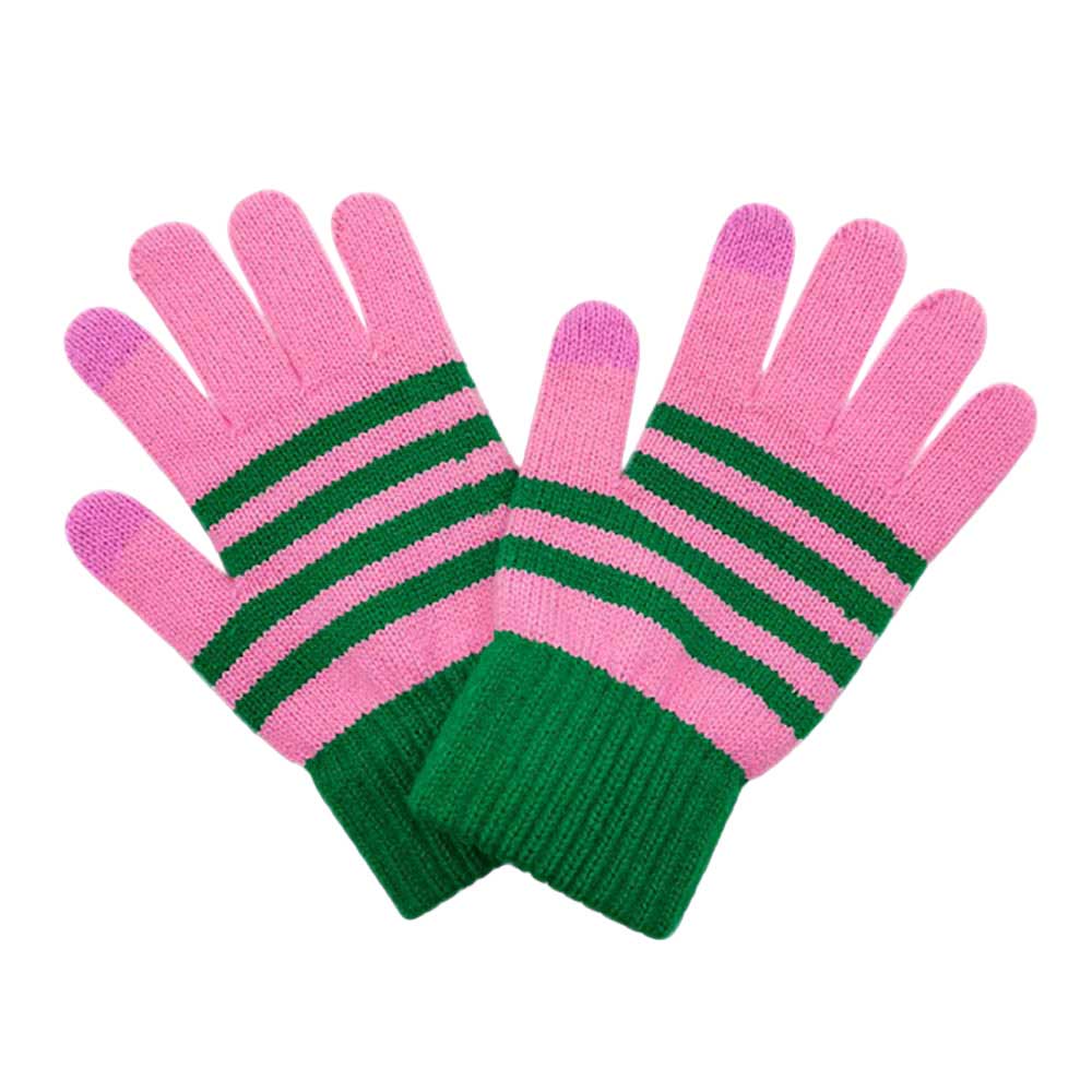 Pink Green Striped Touch Smart Gloves, crafted from a soft fabric, these gloves feature specialized conductive fingertips to keep you in touch with your technology while keeping you warm. A pair of these gloves are awesome winter gift for your family, friends, or anyone you love. Complete your outfit in a trendy style!