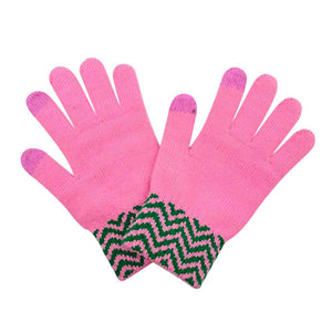Pink Green Zigzag Chevron Patterned Touch Smart Gloves, crafted from a soft fabric, these gloves feature specialized conductive fingertips to keep you in touch with your technology while keeping you warm. A pair of these gloves are winter gift for your family, friends, or anyone you love. Complete your outfit in a trendy style!