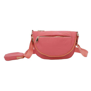 Pink Half Round Solid Nylon Crossbody Bag, is made of nylon, making it lightweight and durable. The adjustable shoulder strap ensures it will be comfortable to carry. The half-round shape adds a unique look to this bag, making it a great choice for any occasion. Perfect gift for fashion-forwarded family members and friends.