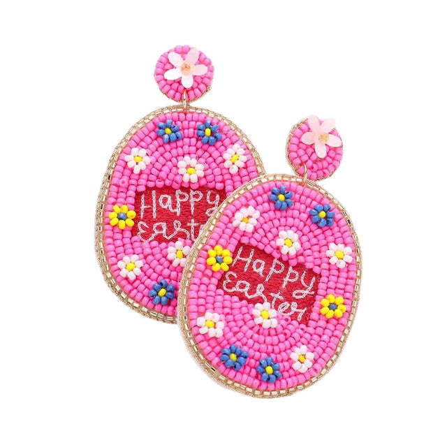 Pink Happy Easter Message Felt Back Seed Beaded Egg Dangle Earrings are the perfect accessory for your holiday outfit. The felt backing provides a comfortable and secure fit, while the seed beads add a touch of sparkle. Show off your festive spirit with the Happy Easter message and egg design.