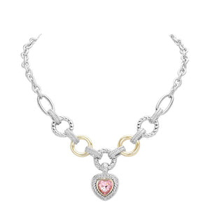 Pink Heart Stone Pointed Charm Two Tone Textured Metal Link Toggle Necklace, This elegant necklace features a unique two tone design and textured metal links. The toggle closure adds a touch of modernity to the classic charm, making it a versatile accessory for any occasion. A perfect jewelry gift accessory for loved one.