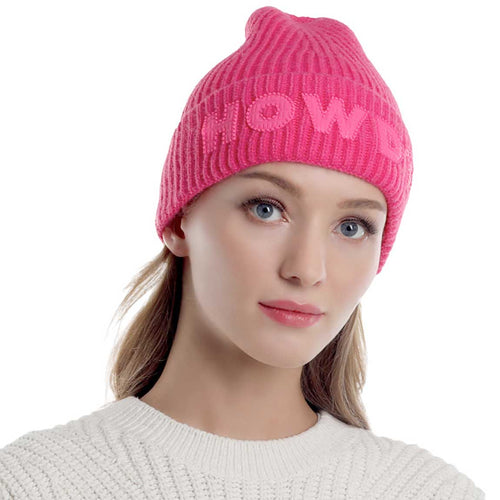 Howdy Message Knit Beanie Hat - Pink