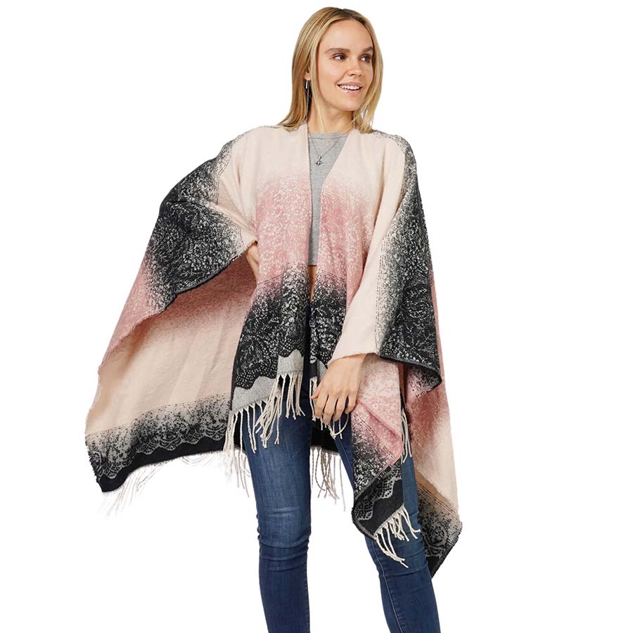 Pink Lace Textured Ombre Cape Poncho, With the latest trend in ladies' outfit cover-up! the high-quality knit poncho is soft, comfortable, and warm but lightweight. It's perfect for your daily, casual, party, evening, vacation, and other special events outfits. A fantastic gift for your friends or family.