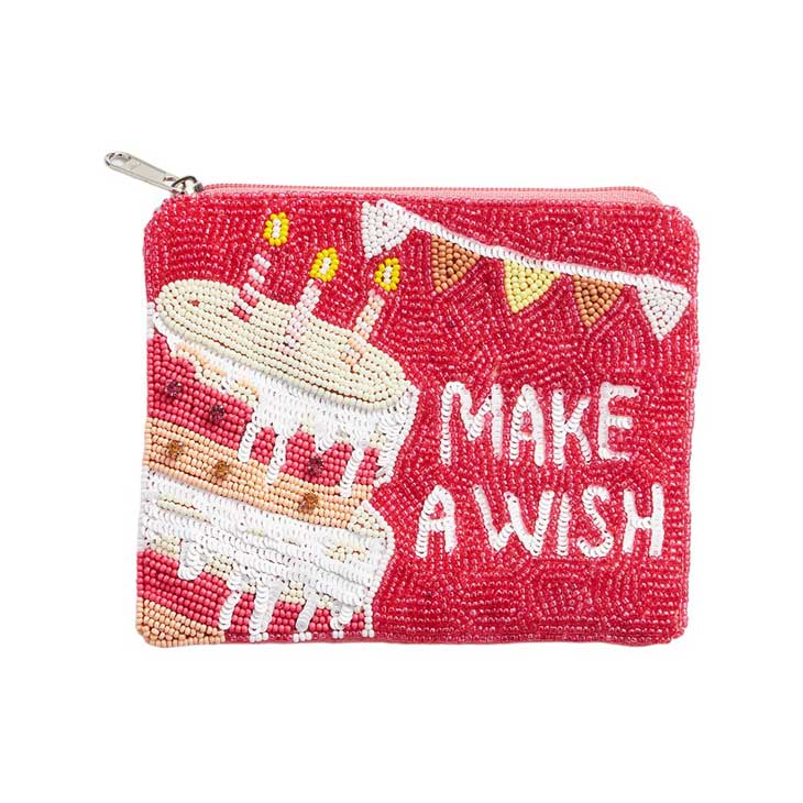 Make a Wish Message Sequin Seed Beaded Birthday Cake Mini Pouch Bag, This bag is perfect for any birthday celebration. The unique "Make a Wish" message adds a touch of whimsy to the elegant design. Its compact size makes it ideal for carrying small essentials, while the beaded construction ensures durability.