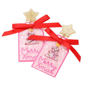 Pink Merry Xmas Message Christmas Tree Ribbon Resin Earrings make a perfect gift for the holiday season. The dangle earrings feature a Christmas tree with a Merry Xmas ribbon and resin detail. The stylish design and festive colors make them a great accessory for Christmas holiday celebration or a festive gift.