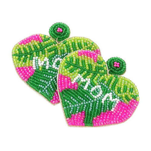 Mom Message Felt Back Seed Beaded Leaf Heart Dangle Earrings - Pink