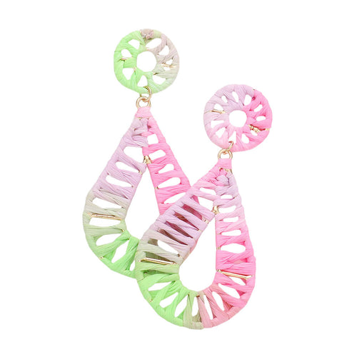 Raffia Wrapped Teardrop Dangle Earrings - Pink Multi