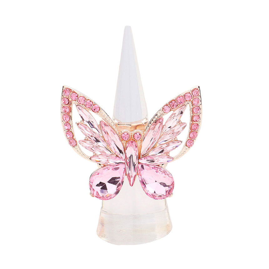 Pink Multi Stone Embellished Butterfly Stretch Ring, is nicely designed with a Bug, Butterfly-theme that has a beautiful charm that attracts eyesight and leads to a smile. These are Perfect for Birthday Gifts, Anniversary Gifts, Mother's Day gifts, Graduation gifts, Prom Jewelry, Thank you, and Valentine's Day gifts.