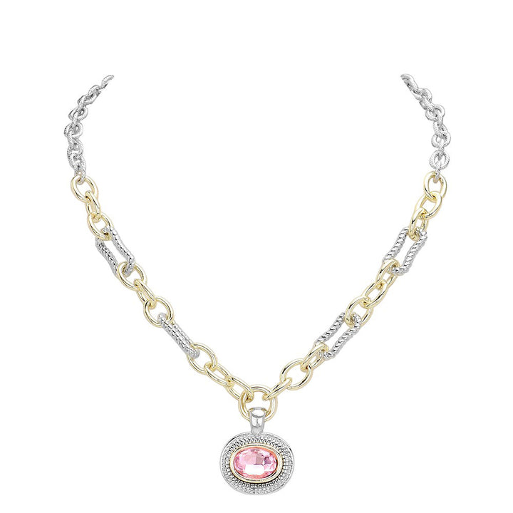 Pink Oval Stone Cluster Pendant Two Tone Chunky Chain Necklace is the perfect accessory for any outfit. With its unique design featuring an oval stone cluster pendant and two tone chunky chain, it adds a touch of elegance and sophistication. Made with high-quality materials, this necklace is durable and long-lasting.