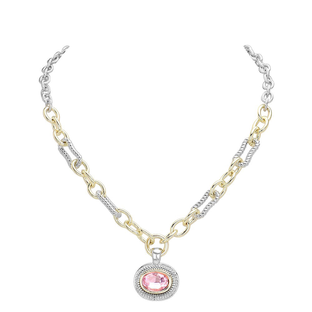 Pink Oval Stone Cluster Pendant Two Tone Chunky Chain Necklace is the perfect accessory for any outfit. With its unique design featuring an oval stone cluster pendant and two tone chunky chain, it adds a touch of elegance and sophistication. Made with high-quality materials, this necklace is durable and long-lasting.
