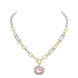 Pink Oval Stone Cluster Pendant Two Tone Chunky Chain Necklace is the perfect accessory for any outfit. With its unique design featuring an oval stone cluster pendant and two tone chunky chain, it adds a touch of elegance and sophistication. Made with high-quality materials, this necklace is durable and long-lasting.