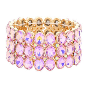 Pink Oval Stone Cluster Stretch Evening Bracelet, This beautiful bracelet features an elegant design with 14K rose gold plated accents and center stones for a stunning, eye-catching look. Enjoy the comfort of the elasticized fit and the glamour of special occasions. Perfect for your next formal event or evening out.