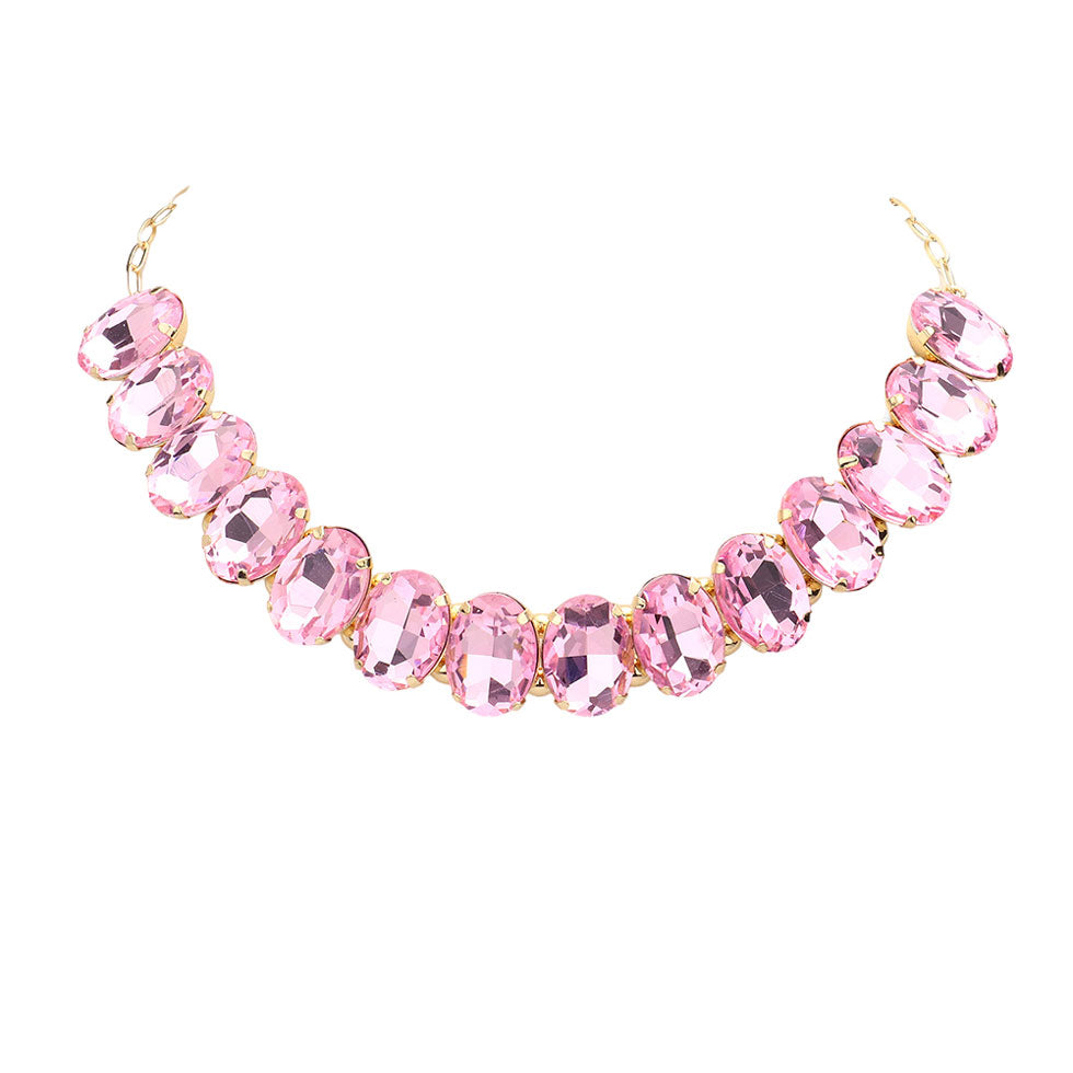 Pink Oval Stone Evening Necklace. Wear together or separate according to your event, versatile enough for wearing straight through the week, coordinate with any ensemble from business casual to everyday wear.Perfect gift for a birthday, mother's day, anniversary, graduation, prom jewelry, just because, thank you.