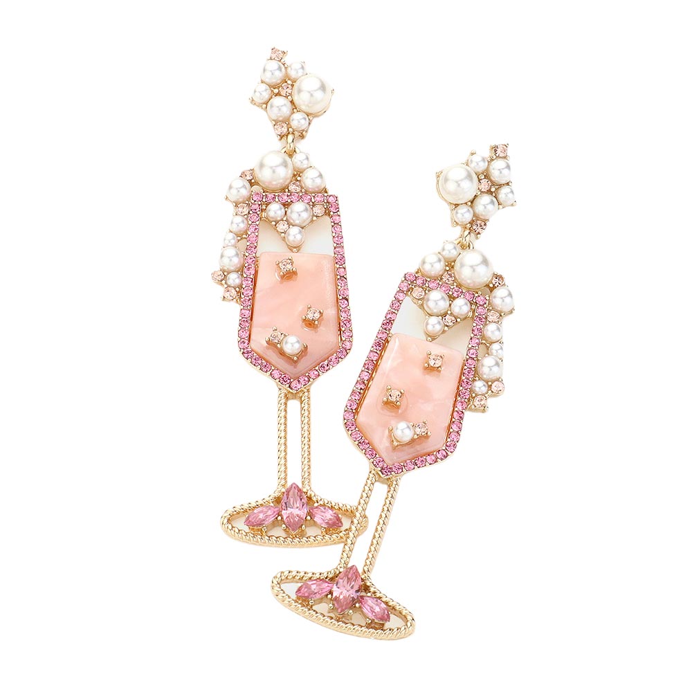 Gold Pearl Embellished Champagne Glass Dangle Earrings, Upgrade your style with our elegant earrings. Each earring features a luxurious pearl embellishment, adding a touch of sophistication to any outfit. These earrings are perfect for special occasions or elevating your everyday look. Make a statement with these.