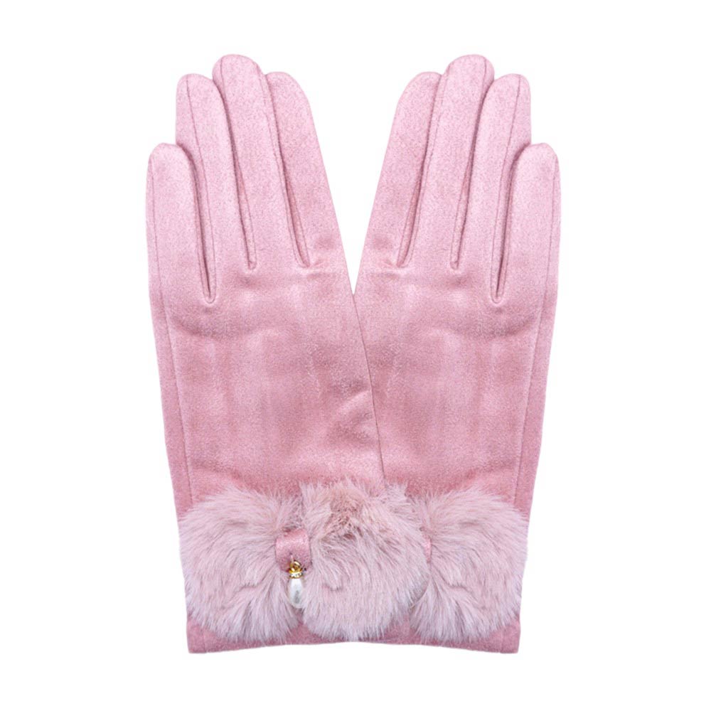 Pink-Pearl Pointed Fuzzy Bow Accented Smart Touch Gloves,  Designed with a classic pearl pointed bow. These gloves are not only stylish but also functional. With smart touch technology, you can easily use your touchscreen devices without having to take them off. Stay warm and connected all winter long.