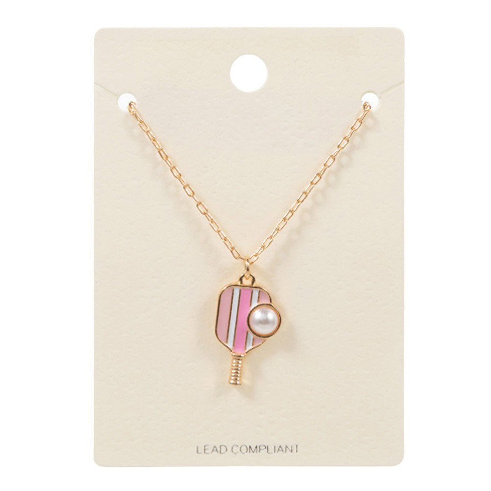 Pink Serve up some serious style with our Pearl Pointed Pickleball Racket Pendant Necklace! This unique necklace features a charming pearl and a playful pickleball racket pendant, perfect for any pickleball enthusiast. Show off your love for the game while looking effortlessly chic, this necklace is sure to turn heads.