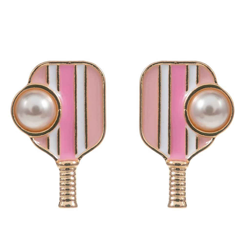 Pink Pearl Pointed Pickleball Racket Stud Earrings, Serve up some serious style with these! These unique earrings feature a charming pearl and a playful pickleball racket pendant, perfect for any pickleball enthusiast. Show off your love for the game while looking effortlessly chic, this earrings are sure to turn heads.