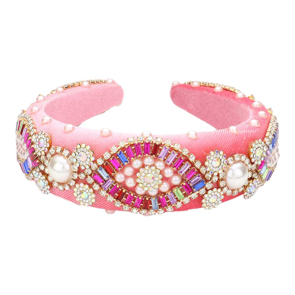 Pink Pearl Stone Embellished Evil Eye Accented Padded Headband, creates a natural & beautiful look while perfectly matching your color with the easy-to-use evil eye headband. Perfect for everyday wear, special occasions, outdoor festivals, and more. Awesome gift idea for your loved one or yourself.