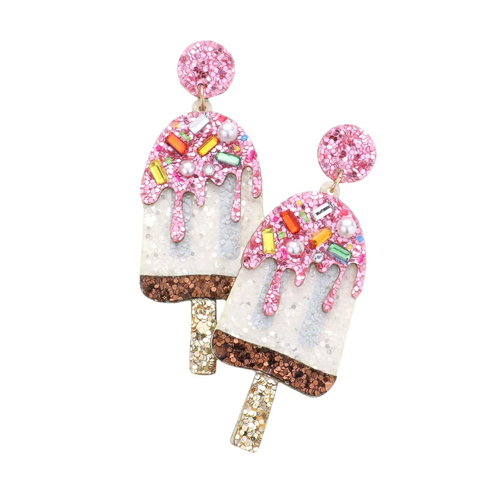 Pink Pearl Stone Embellished Glittered Popsicle Dangle Earrings are fun handcrafted jewelry that fits your lifestyle, adding a pop of pretty color. Enhance your attire with these vibrant artisanal earrings to show off your fun trendsetting style. Great gift idea for your Wife, Mom, or any popsicle lover family member.