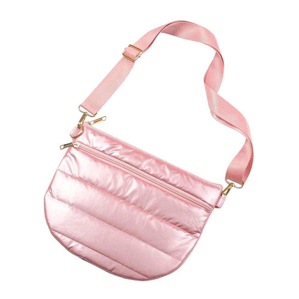 Pink Puffer Half Moon Crossbody Bag, be the ultimate fashionista when carrying this puffer half-moon crossbody bag in style. It's great for carrying small and handy things. Keep your keys handy & ready for opening doors as soon as you arrive. Stay comfortable and smart.