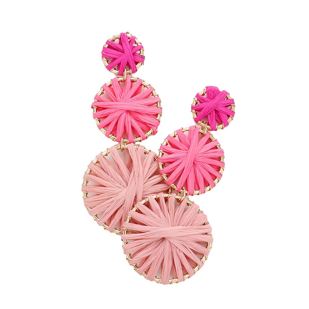 Pink Raffia Wrapped Triple Circle Link Dangle Earrings, turn your ears into a chic fashion statement with these triple circle link dangle earrings! The beautifully crafted design adds a gorgeous glow to any outfit. These beautifully unique designed earrings with beautiful colors are suitable as gifts for wives, girlfriends, lovers, friends, and mothers. An excellent choice for wearing at outings, parties, events, etc.