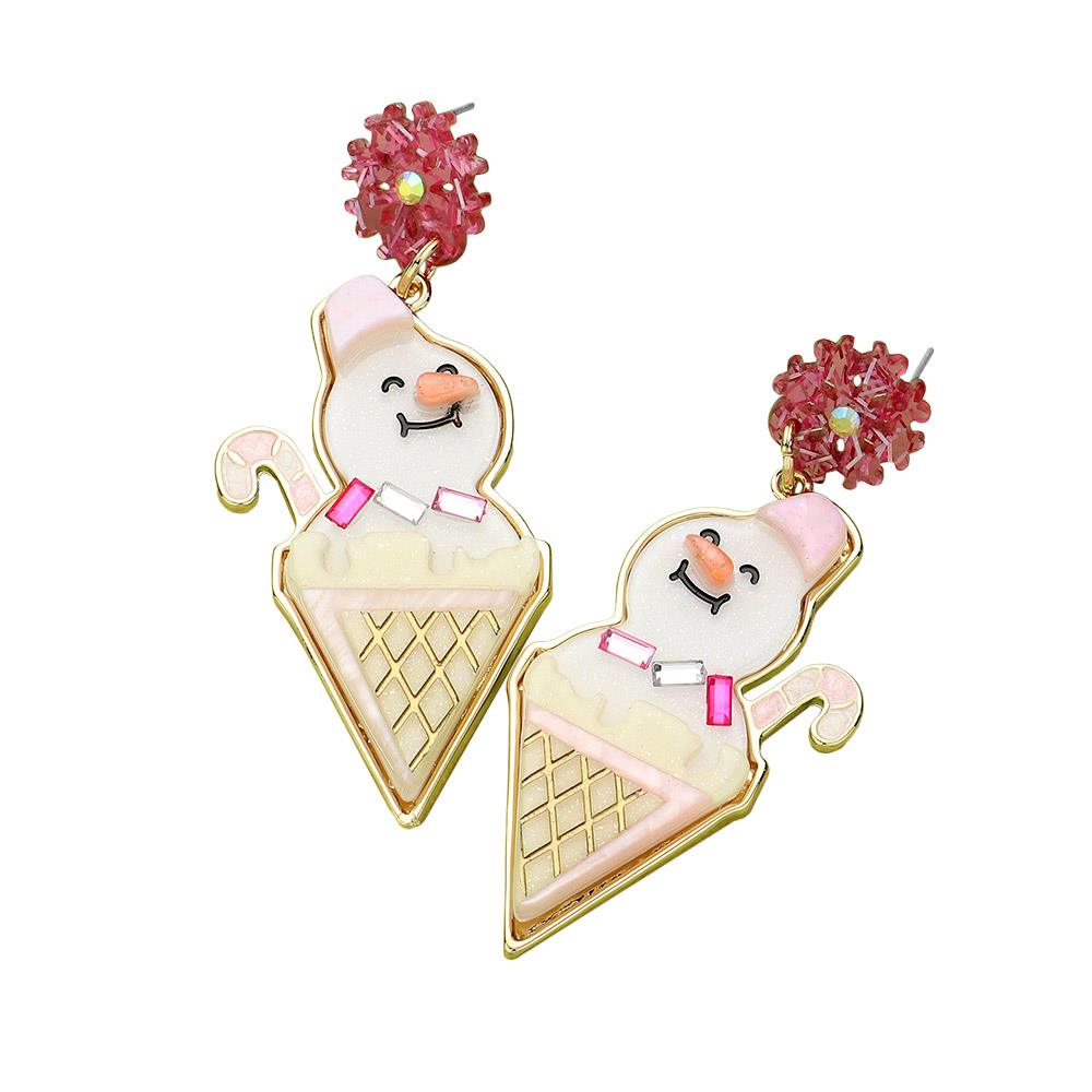 Resin Snowman In Ice Cream Cone Dangle Earrings