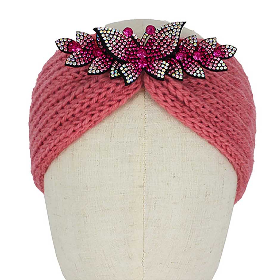 Pink Rhinestone Butterfly Bling Pointed Knit Earmuff Headband, features a crystal-shaped pattern that adds a touch of sparkle to your winter look. The soft knit fabric ensures a comfortable fit, while the pointed shape keeps your ears warm in cold weather. Perfect for gifting or adding glamour to any winter ensemble.
