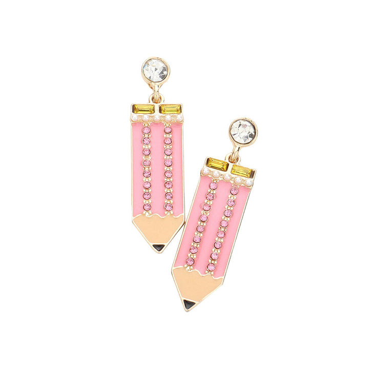 Pink Rhinestone Embellished Enamel Pencil Dangle Earrings, turn your ears into a chic fashion statement with these Rhinestone Pencil earrings! These pencil dangle earrings are very lightweight and comfortable, you can wear these for a long time on special occasions. The beautifully crafted design adds a gorgeous glow to any outfit.