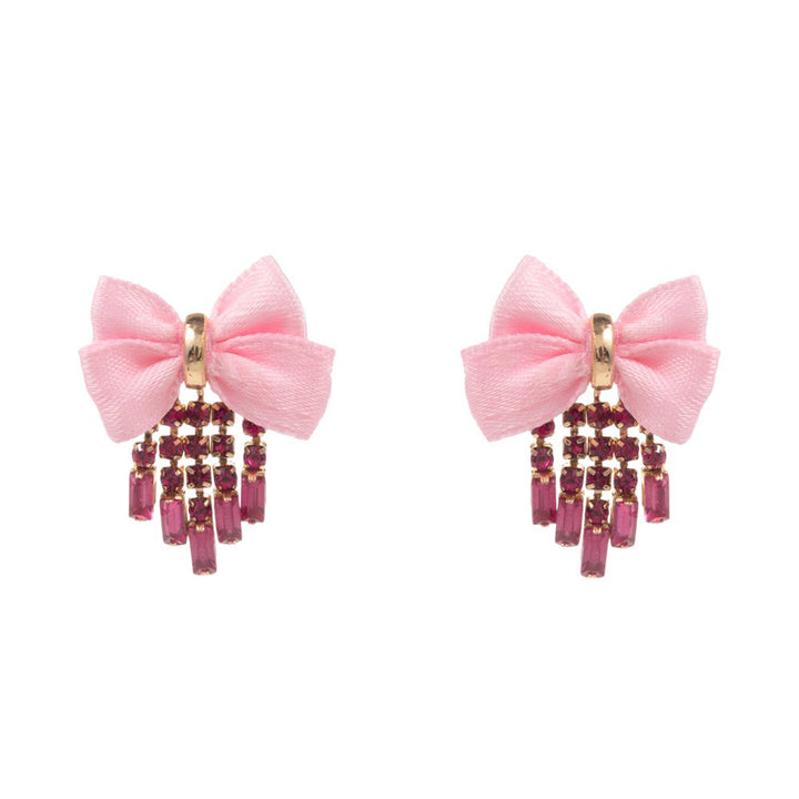 Pink Rhinestone Fringe Bow Earrings, Add a touch of glamour to your outfit with these fringe rhinestone earrings. The sparkling rhinestones catch the light for a dazzling effect, while the elegant bow design adds a touch of femininity. Perfect for a special occasion or to elevate your everyday style.