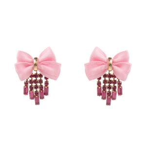 Pink Rhinestone Fringe Bow Earrings, Add a touch of glamour to your outfit with these fringe rhinestone earrings. The sparkling rhinestones catch the light for a dazzling effect, while the elegant bow design adds a touch of femininity. Perfect for a special occasion or to elevate your everyday style.