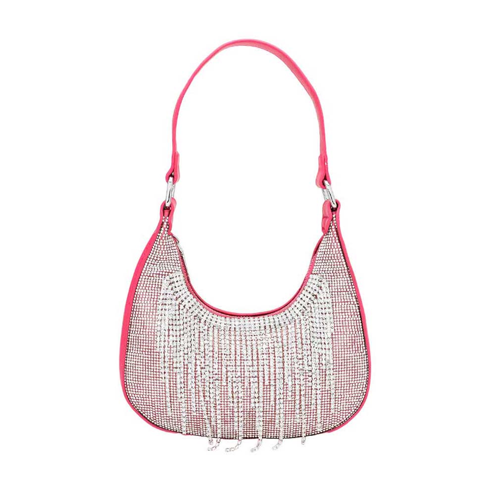 Pink Rhinestone Fringe Evening Shoulder Crossbody Bag, exudes glamour and sophistication with its sleek design and rhinestone detailing. It features an adjustable shoulder strap and a durable closure to ensure all your belongings stay secure. Shine up with This Rhinestone Fringe Evening Shoulder Crossbody Bag.